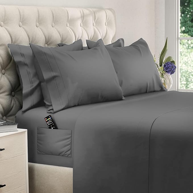 DREAMCARE California King Sheet Sets - 6 pcs Breathable Cooling Bed Sheets - up to 15" Deep California King Sheets with Side Pockets -Extra Soft 100% Brushed Hypoallergenic Hotel Luxury Bedding D-Gray