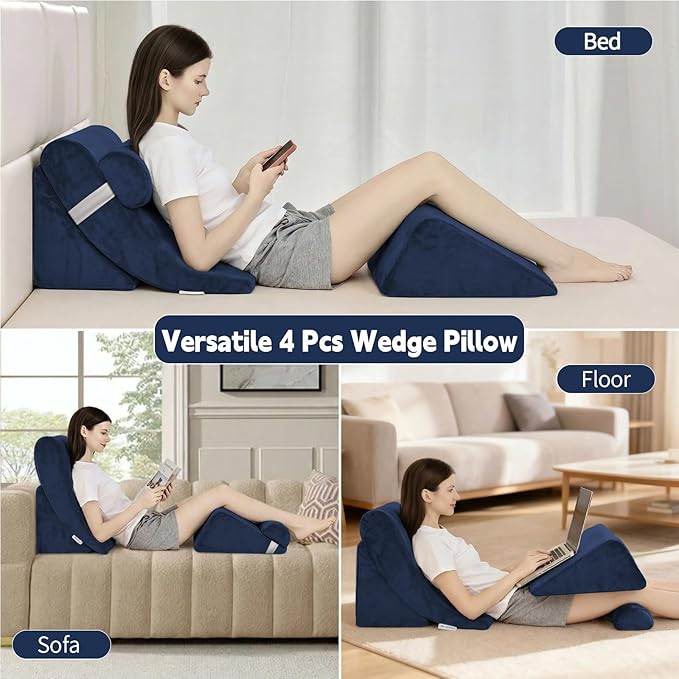 4PCS Orthopedic Bed Wedge Pillow Set for Post Surgery&Pain Relief,Adjustable Wedge Pillow for Back,Acid Reflux,Sitting up in Bed,Recovery,Snoring,Body Pillow for Sleeping (Navy)