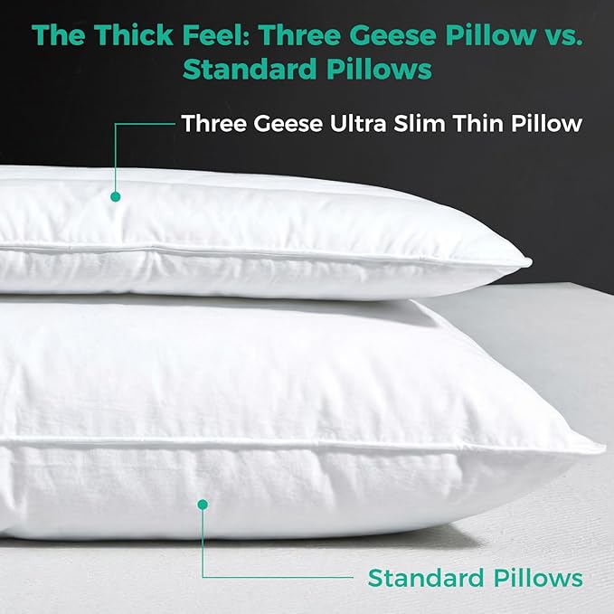 Three Geese Luxury Natural Flat Thin Goose Feather Down Pillows Standard Size, 2.5" Height, 100% Cotton Cover, Medium Firm Hotel Collection Ultra Slim Thin Bed Pillows, Machine Washable, 18" x 26"