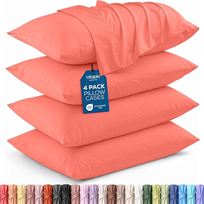 Utopia Bedding Standard Pillow Cases - 4 Pack - Envelope Closure - Soft Brushed Microfiber Fabric - Shrinkage and Fade Resistant Pillow Covers Standard Size 20 X 26 Inches (Standard, Coral)