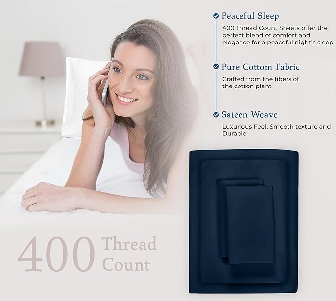 ROYALE LINENS 400 Thread Count 100% American Grown Cotton 4 Piece Sateen King Sheet Set - 1 Fitted Sheet, 1 Flat Sheet, 2 Pillow case - Navy King Bedsheet - Cotton Sheets - (King, Rivera Navy)