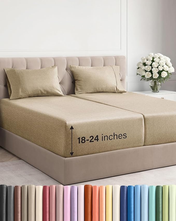 Extra Deep Split King Sheet Set - 5 Piece Breathable & Cooling Bed Sheets - Easily Fits 18 to 24 inch Mattress - Soft, Wrinkle & Fade Free w/ Extra Deep Pockets - Hotel Luxury Bedding - Heathered Tan