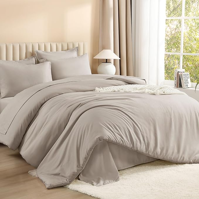Litanika Full Size Comforter Sets Linen Grey - 7 Pieces Bed in a Bag Full Bedding Comforter Sets, Solid Lightweight Bed Set with Comforter, Sheets, Pillowcases & Shams