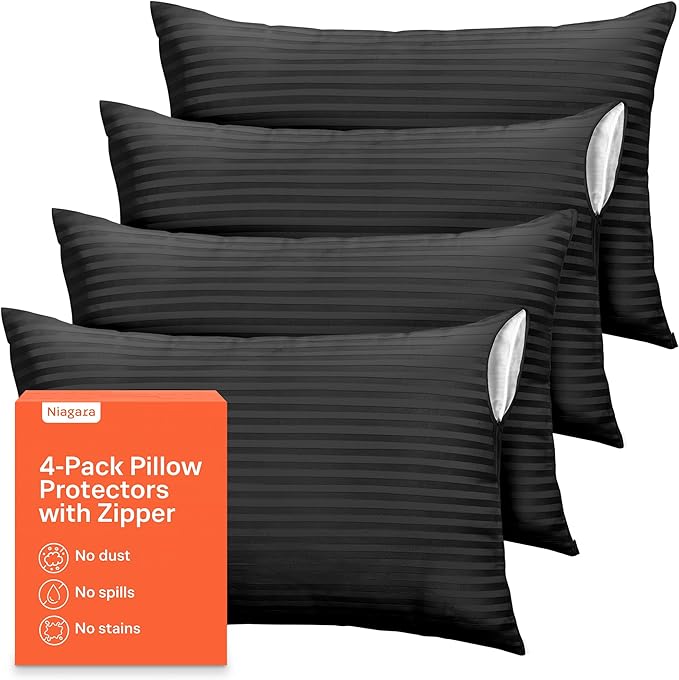 Ultra Soft Pillow Protectors with Zipper Standard Size - Set of 4 Breathable Pillow Covers - 100% Protection Against Stains, Dust & Dirt - Machine Washable (Striped Black)