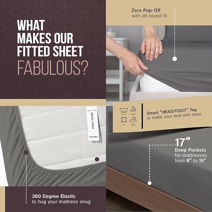 TEXAS LINEN CO. 100% Egyptian Cotton Sheets King Size - Snoozin' Supreme Collection 2000 Series Luxury King Bed Sheet Set, Cooling Sateen Weave, 17” Extra Deep Pocket Hotel Sheets (4 Pc, Dark Grey)