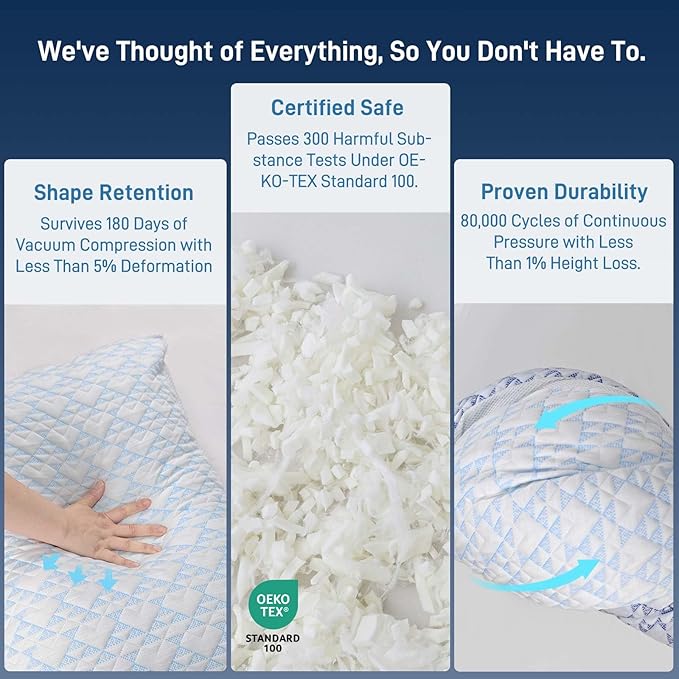 Cotelovo Shredded Memory Foam Soft Bamboo Viscose Pillows Adjustable Hypoallergenic Hotel Quality Bed Pillows for Side, Back and Stomach Sleeper, Oeko-TEX Certified Queen Size Set of 2