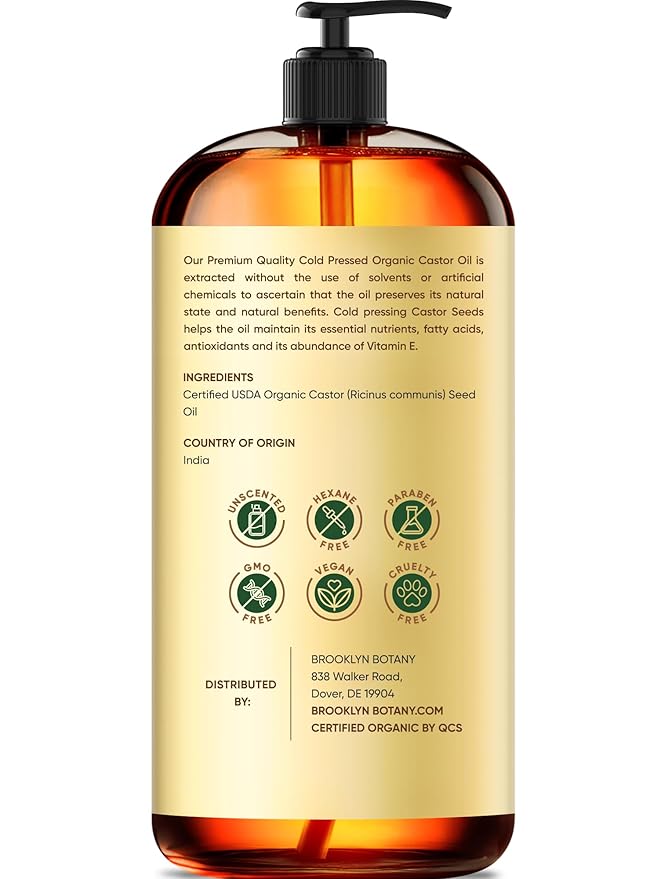Brooklyn Botany Cold-Pressed Organic Castor Oil | for Hair, Skin and Face | 16 Fl Oz | 100% Pure and Natural | Carrier Oil for Essential Oils, Aromatherapy and Massage | Hexane Free