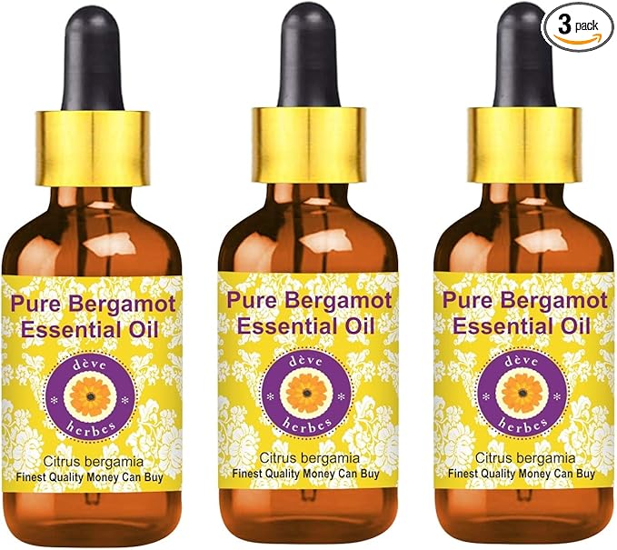 Deve Herbes Pure Bergamot Essential Oil (Citrus bergamia) with Glass Dropper Natural Therapeutic Grade Steam Distilled (Pack of Three) 100ml X 3 (10 oz)
