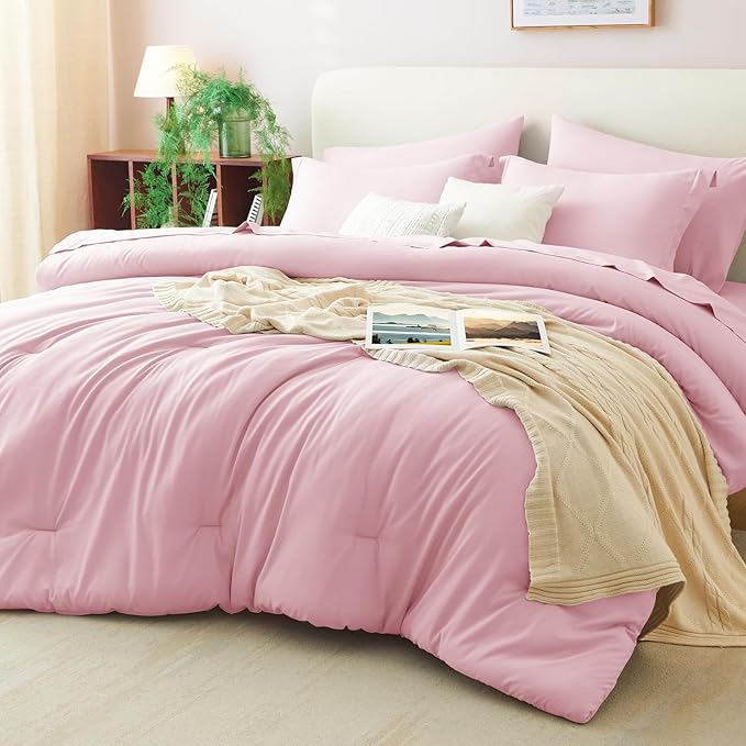CozyLux Full Size Comforter Sets Pink, 7 Pieces Bed in a Bag Full Comforter Set with Sheets, Luxury Soft Bedding Set with Down Alternative Comforter, Fitted Sheet, Flat Sheet, Pillowcases & Shams