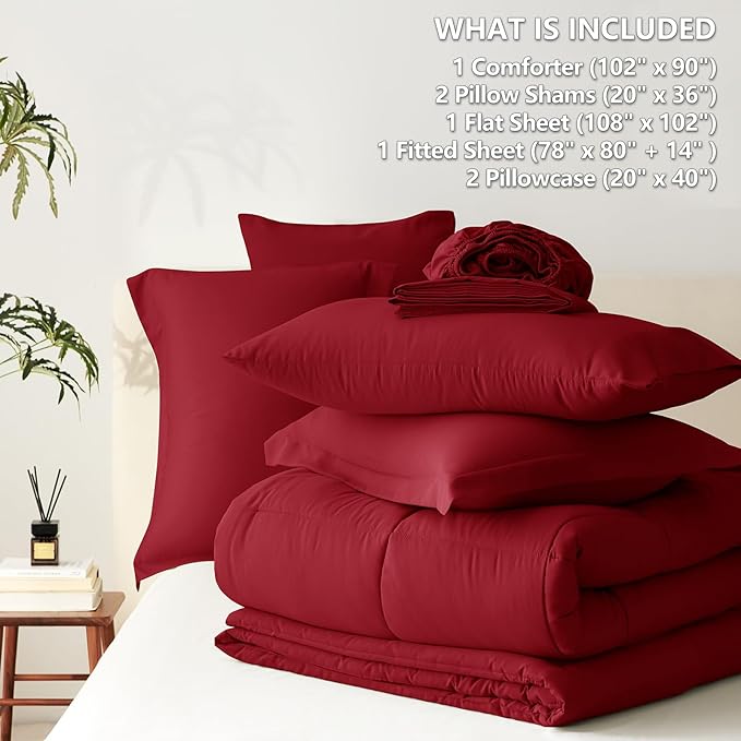 CozyLux King Size Comforter Set Dark Red - 7 Pieces Bed in a Bag King, Okeo-Tex Certifited Bedding Set, All Season Soft Bed Set with Down Alternative Comforter, Sheets, Pillowcases & Pillow Shams