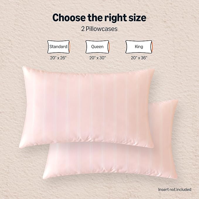 Amazon Basics Stripe Cooling Pillow Cases for Hot Sleepers, Soft Cooling Pillow Covers with Envelope Closure, 20" x 36", King, Pink, Pack of 2