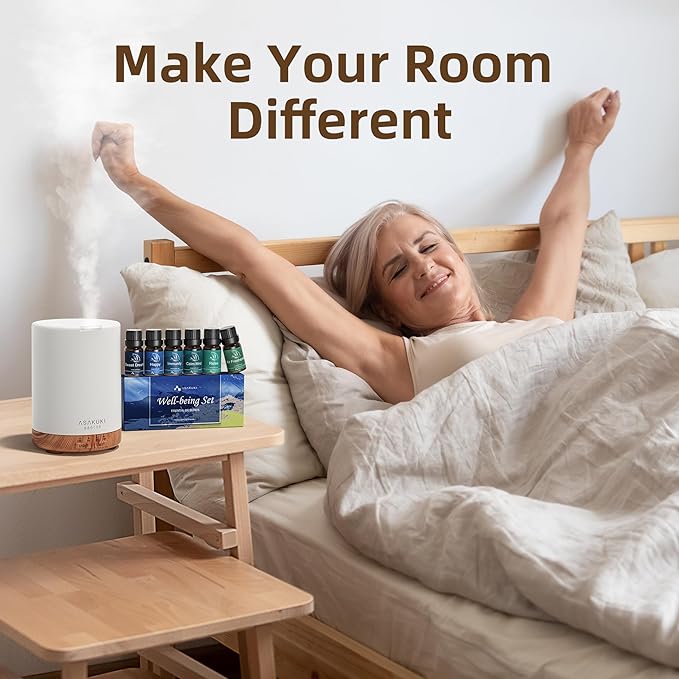 ASAKUKI Essential Oil Diffuser for Home, 300 ml Aromatherapy Diffuser with 6 Essential Oil Sets, Automatic Shut-Off, 7 LED Lights for Living Room, Bedroom, Hotel, Gift for Mom - Brown with Oils