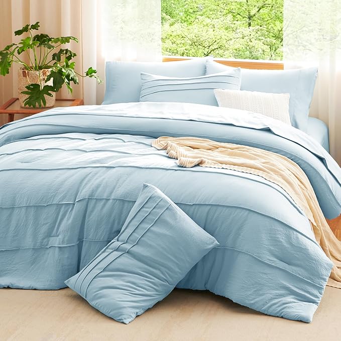 CozyLux King Size Comforter Set Light Blue, 7 Pieces Soft Pinch Pleat Bed in a Bag King Comforter Set with Sheets, Boho Bed Set with Down Alternative Comforter, Sheets, Pillowcases & Shams