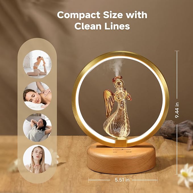 DAROMA Angel Handmade Glass & Wood Waterless Essential Oil Diffuser - Adjustable Mood Light, 2 Mist Modes for Home Office Decor, Pure Aromatherapy Gift