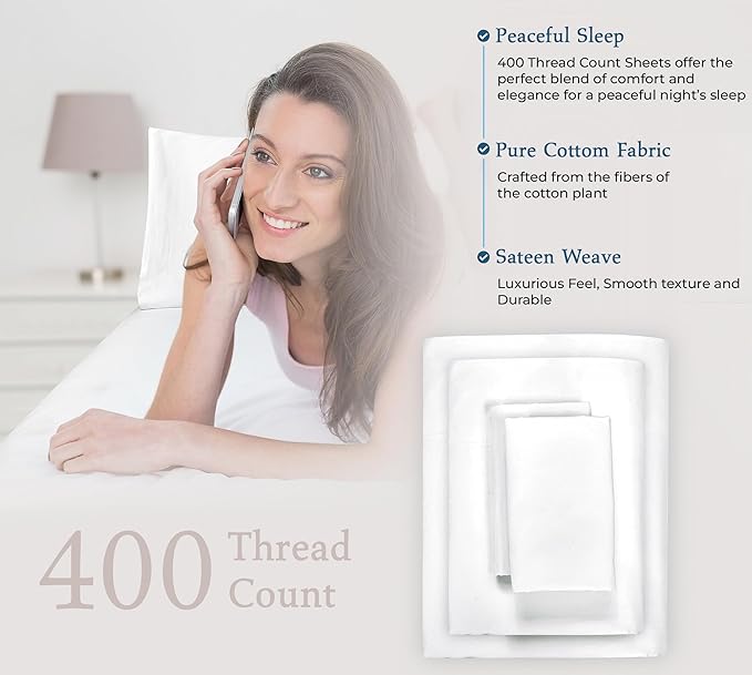 Royale Linen 400 Thread Count 100% American Grown Cotton 4 Piece Sateen Queen Sheet Set - 1 Fitted Sheet, 1 Flat Sheet, 2 Pillow case - White Queen Bedsheet - Cotton Sheets - (Queen, Signature White)