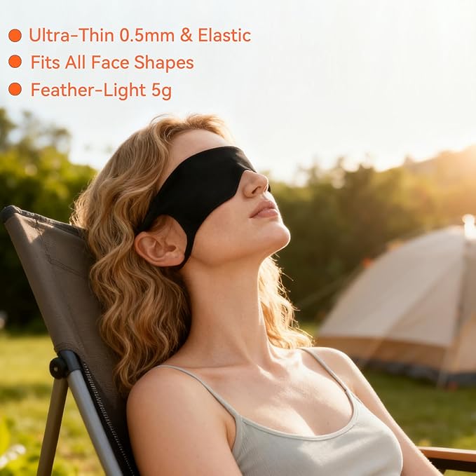 Ultra-Thin Sleep Mask for Travel & Outdoor, 0.3mm & 5g, Breathable Total Blackout Eye Mask, 99.7% Sun Blockout with Portable Leather-Feel Pouch for Beach, Camping, Flights & Office Nap (BLACKk)