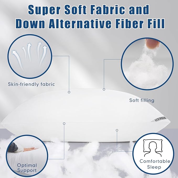 Piwaal Queen Size Pillow 4-Pack – Hotel-Style Bed Pillows for Sleeping, Down Alternative Microfiber Fill, Plush Comfort for Side, Back, and Stomach Sleepers, Set of Four