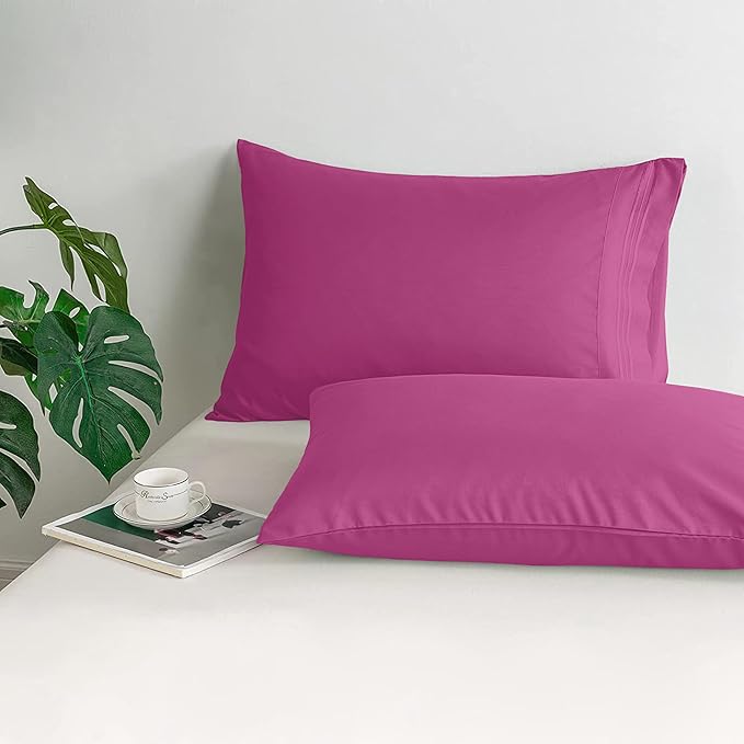 Mocassi 2-Piece Premium King Pillowcase Set 1800 Series Hotel Quality Microfiber - Soft and Breathable with 3-Line Embroidery Wrinkle and Stain Resistant, Easy Care, 20" x 40", Hot Pink