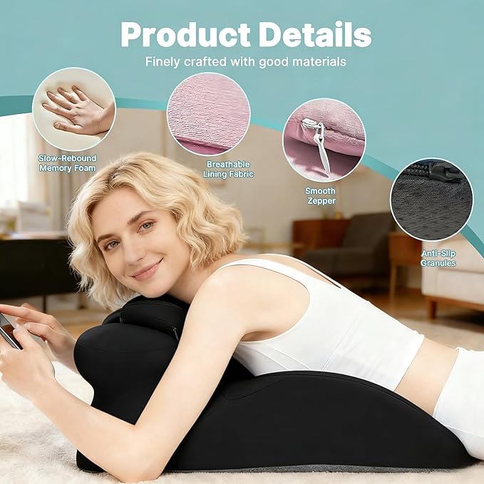 MOLERFO Ergonomic 27° Memory Foam Wedge Pillow for Back and Shoulder Support, Reduces Arm Pressure, Comfortable Support Cushion for Lounging, Reading, Watching TV, and Relaxation (Black) (Green)