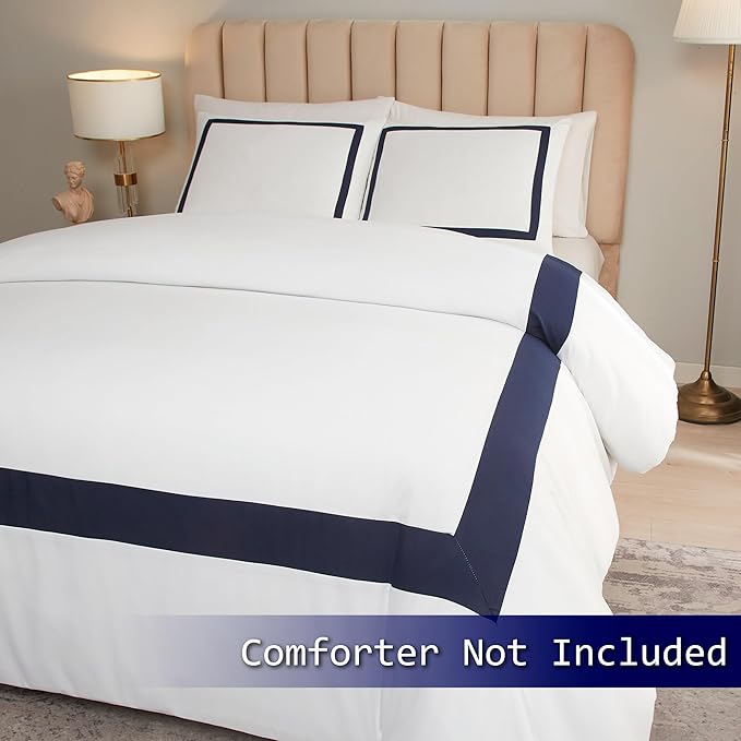 OSVINO Queen Duvet Cover Set - Hotel Collection Navy Blue Line Pattern Microfiber Bedding, 3 Pieces with Pillowcase, Soft Breathable with Zipper Closure, Lightweight All-Season, Comforter Not Included