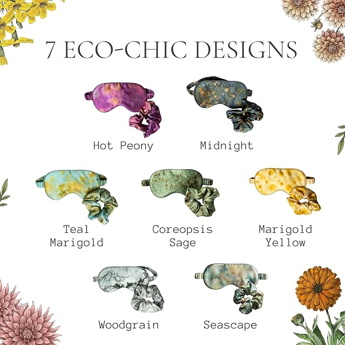 SILK & WILLOW - Botanical Print Pure Mulberry Silk Eye Mask & Scrunchie Gift Set, Luxurious Sleep Eye Mask & Hair Accessory Bundle, Durable Nature-Considerate Wellness Gifts for Women, Coreopsis Sage