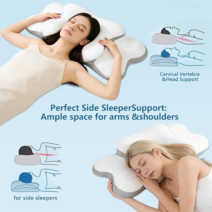 Cervical Neck Pillow for Sider Sleeper | Ergo Pillow for Sleep Apnea, Neck Pain, and Snoring Relief | Contour Memory Foam with Ergonomic Support, White, Large