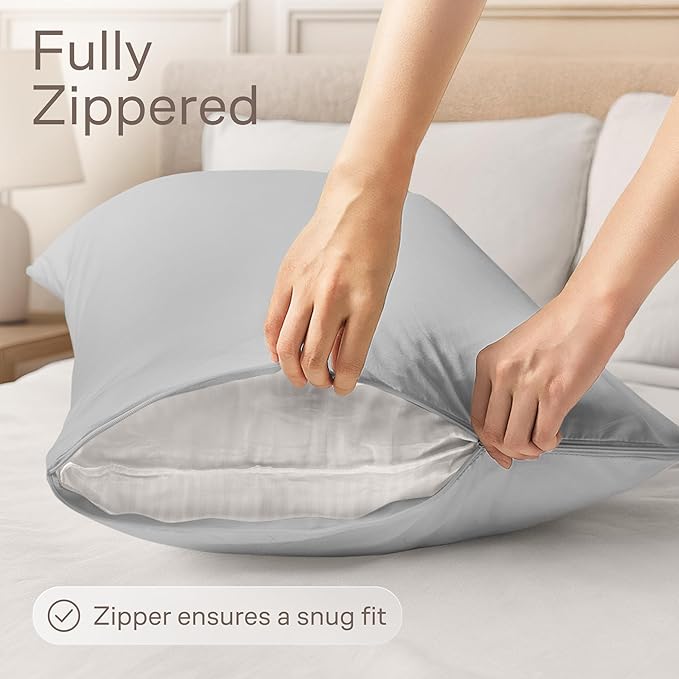 Ultra Soft Pillow Protectors with Zipper Standard Size - Set of 4 Breathable Pillow Covers - 100% Protection Against Stains, Dust & Dirt - Machine Washable (Light Gray)