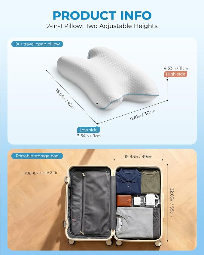 Elviros CPAP Pillow for Side & Back Sleepers, HSA/FSA Portable Travel Sleep Apnea Pillow with Adjustable Height, Reduce Mask Leaks & Pressure,for Camping, Hotels
