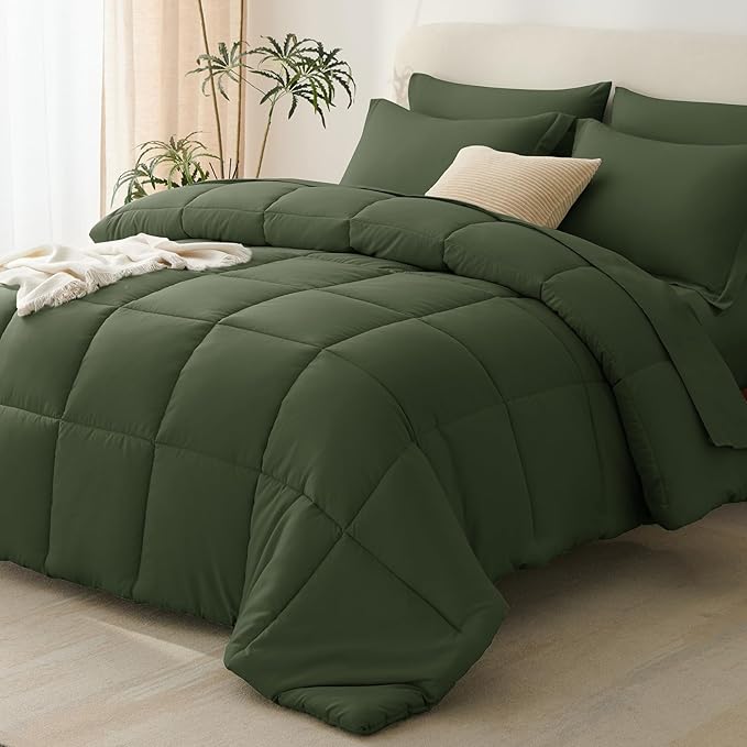 CozyLux Full Size Comforter Sets Olive Green - 7 Pieces Bed in a Bag Full, Oeko-Tex Certified Bed Set, All Season Soft Bedding Set with Down Alternative Comforter, Sheets, Pillowcases & Pillow Shams