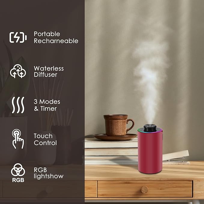 Waterless Essential Oil Diffuser with 8 Color LED Night Light, 3 Mist Levels & Timers, Portable Rechargeable Aromatherapy Diffuser for Home Car Room Studio Office, Metal (Red)