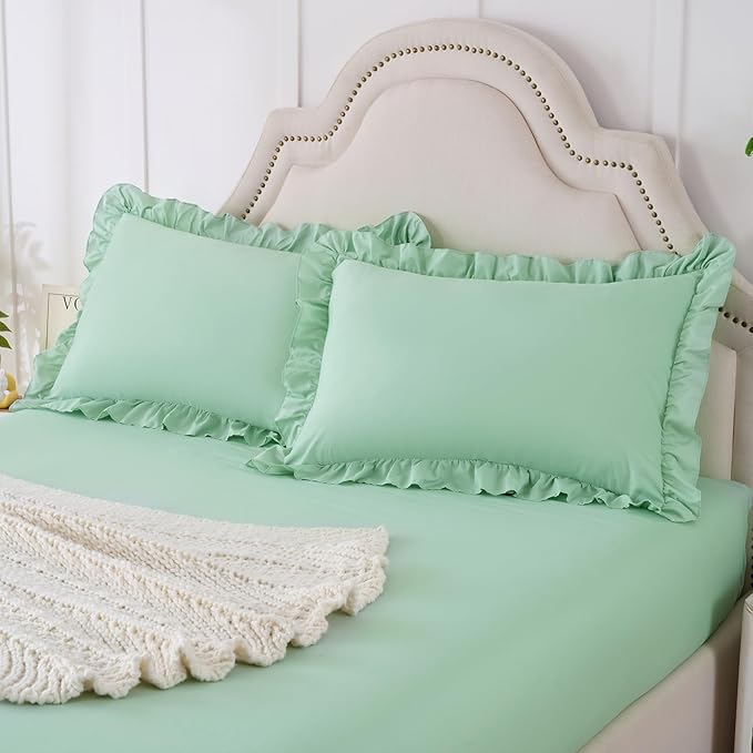 Homiest 3-Pieces Ruffle Pillow Case & Fitted Sheet Set, Sage Green King Sheets with 2 Ruffled Pillow Shams, 15 Inch Deep Pocket, Cute & Coquette Microfiber Bed Set for Decorating Bedroom Hotel