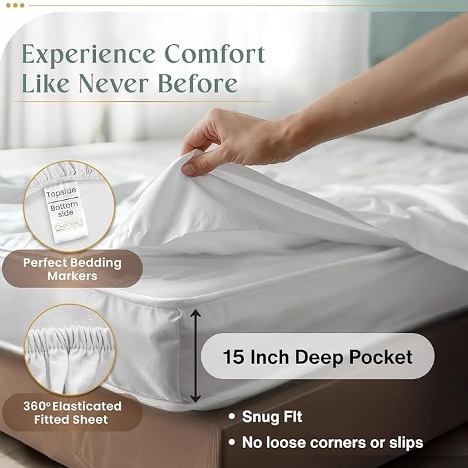 100% Egyptian Cotton Sheets King Size Sheets Set with Fully Elasticated 15" Deep Fitted Sheet & Pillowcase Sets, 800TC Sateen Weave Hotel Collection King Sheet Set, Soft Luxury White Bedding