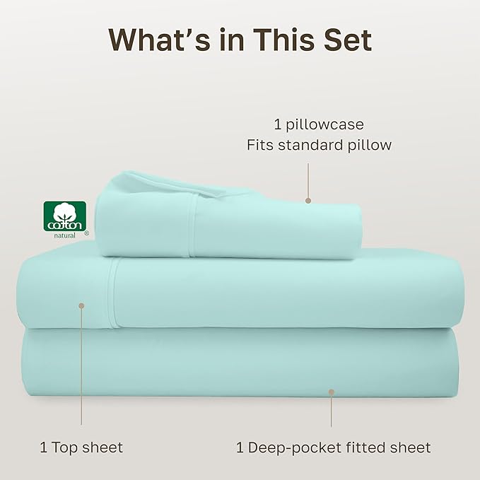 California Design Den Soft 100% Cotton Bed Sheets Twin Size Set, 400 Thread Count Good Housekeeping Award Winner, Smooth Sateen Finish, Cozy and Durable Twin Bedding Set - Seafoam