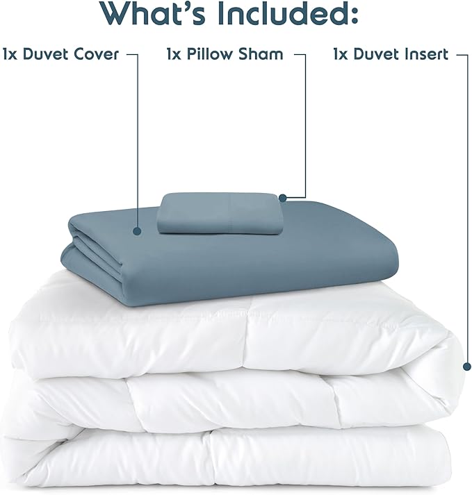 Nestl Twin Duvet Cover Set with Comforter Insert - Stone Blue 3 Piece 68x90 Duvet Cover & 1 Pillow Sham with White Quilted Down Alternative Comforter, Ultra Soft, All Season