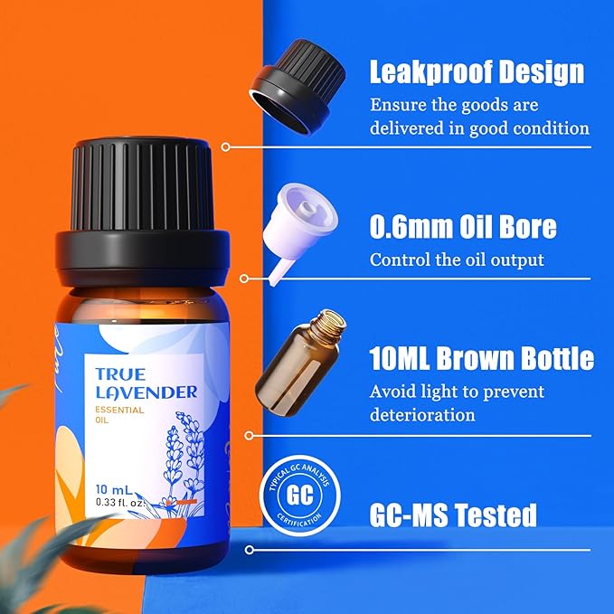 HIQILI Essential Oils for Diffusers for Home，Top 6 Gift Essential Oil Set，Include Lavender, Orange, Peppermint, Tea Tree, Eucalyptus, Lemongrass，Beginner Kit（10ML*6）