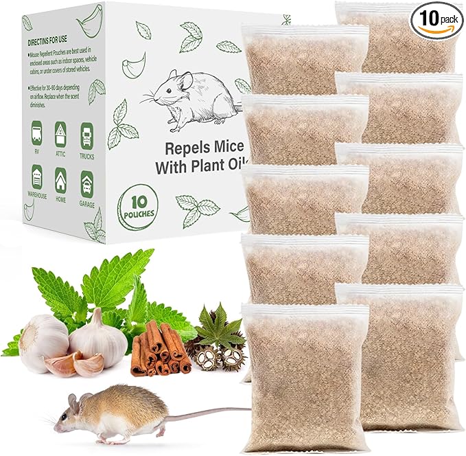 Pest Rodent Repellent Pouches, Peppermint Oil for Mouse, Roach, Ant, Spider, Squirrel, Mice, Rats, Pest Control Indoor Outdoor, Natural Mouse Deterrent Replace Traps Poison Family Pet Safe,10 Pack