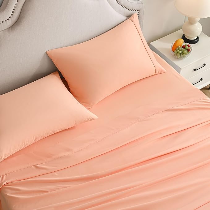 King Size Sheets Set, 4 Pieces Hotel Luxury Soft Microfiber Bed Sheets Set, Up to 16" Deep Pockets, Oeko-Tex Sheets with Elastic, Breathable, Wrinkle Free (Peach Pink, King)