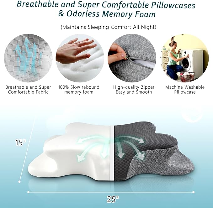 CHxxy Cervical Neck Pillow for Pain Relief Sleeping, Memory Foam Pillows, Ergonomic Side Sleeper Pillows, Orthopedic Neck Support Pillow for Back Stomach Sleepers-King Size Grey&Grey