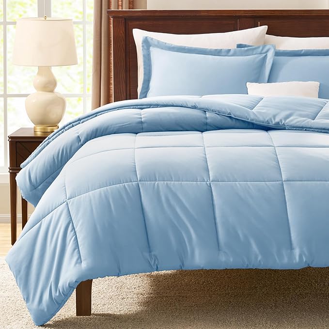 CozyLux King Size Comforter Set - Baby Blue Comforter King, 3 Pieces Box Stitched Bed Set for All Seasons, Soft Lightweight Bedding Sets with 1 Down Alternative Comforter and 2 Pillow Shams