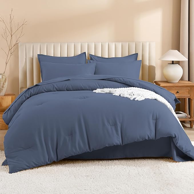 Litanika Twin Comforter Sets Bluish Grey - 5 Pieces Bed in a Bag Beddding Sets, Solid Lightweight Bed Set with Comforter, Sheets, Pillowcase & Sham