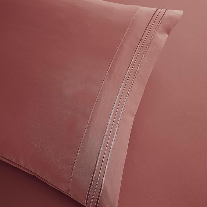 Clara Clark Bed Sheets, Premier 1800 Series Bed Sheet Set, Deep Pocket, Wrinkle, Fade, Stain Resistant, Luxury Soft Bedding Sheets & Pillowcases, Twin, Pink Clay