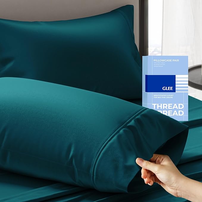 Thread Spread 100% Cotton Pillow Cases Queen Size Set of 2 - Luxury 400 Series Glee Collection Queen Pillow Cases (Teal), Soft Cooling Breathable Hotel Cotton Pillowcases, Fits Standard Pillows