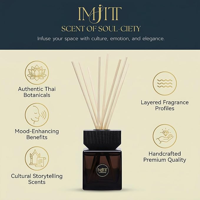 Larn-Malee Reed Diffuser Set by IMJITT, Secrets of SIAM Collection, Luxury Room Diffuser with Tuberose and Sandalwood, Authentic Thai Botanicals for Home Office Decor and Elegant Ambiance