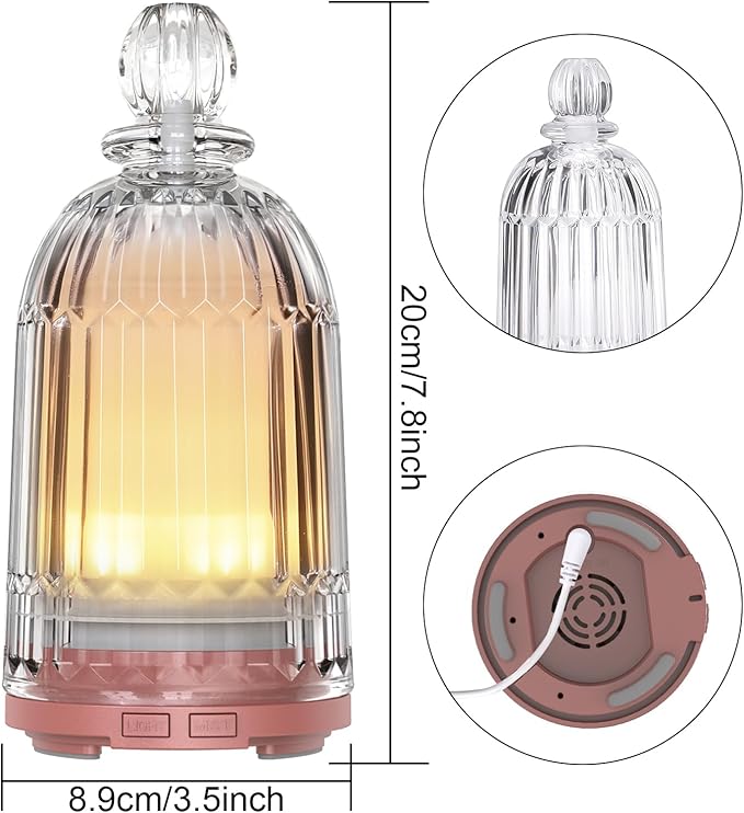 Glass Essential Oil Diffuser, Small Cool Mist Humidifier Glass Cover & Plastic Reservoir with 7 Color LED Lights, Auto Shut-Off for Home, Office, Spa 120ml(Copper Bottom)