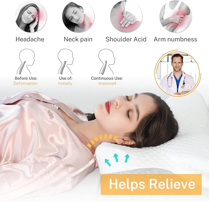 Contour Memory Foam Pillow, Cervical Pillow for Neck Pain Relief, Ergonomic Pillow for Sleeping, Orthopedic Neck Pillow with Washable Cover, Bed Pillows for Side, Back, Stomach Sleepers
