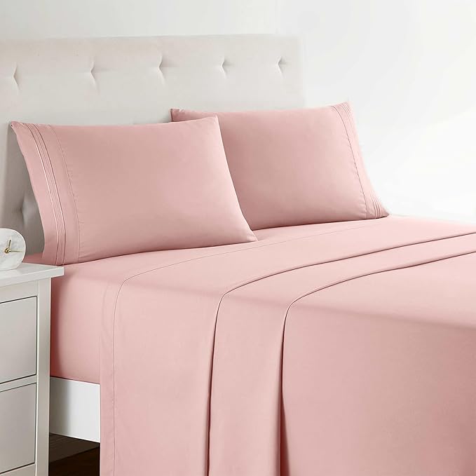 Clara Clark Full XL Bed Sheet Set - Wrinkle, Fade, Stain Resistant, Deep Pocket Sheets - Luxury Soft Bedding Sheets & Pillowcases, Full XL Pink Beige