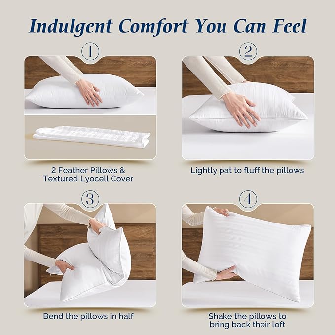 downluxe Goose Feather and Down Pillows - Hotel Collection Feather Pillows Set of 2 for Back, Stomach or Side Sleepers, Standard Size (20"x26")