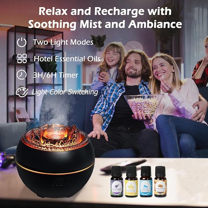 Volcano Essential Oil Diffuser, Volcano Flame Aromatherapy Diffuser, 7 Colors Fire Light & 4 Essential Oils, 360ml Auto-Off Cool Mist Ultrasonic Humidifier/Diffuser for Home Party Holiday