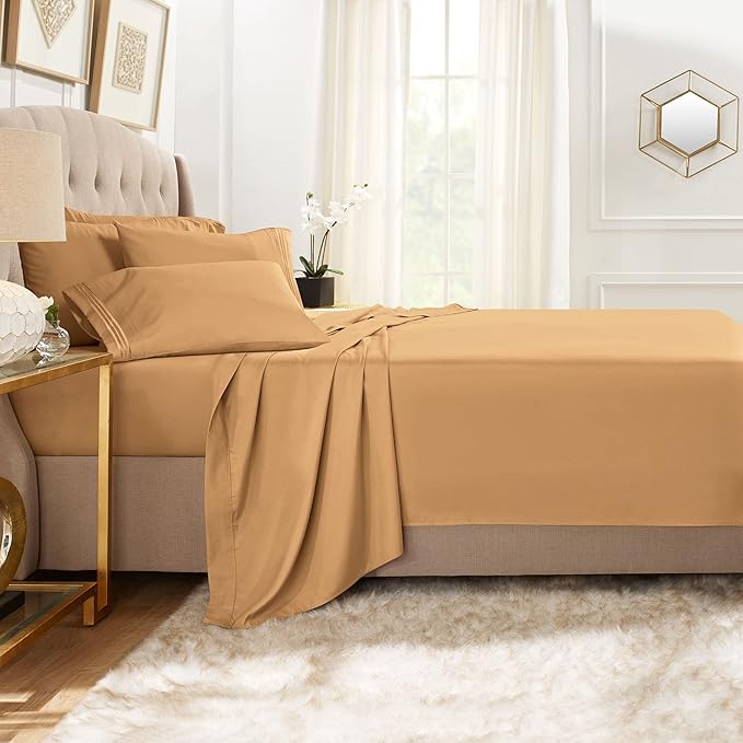 Clara Clark Cal King Sheets, 6 Piece Set - Hotel Luxury Sheets for Cal King Size Bed, Super Soft Bedding Set, Cal King Size, Mocha Light Brown