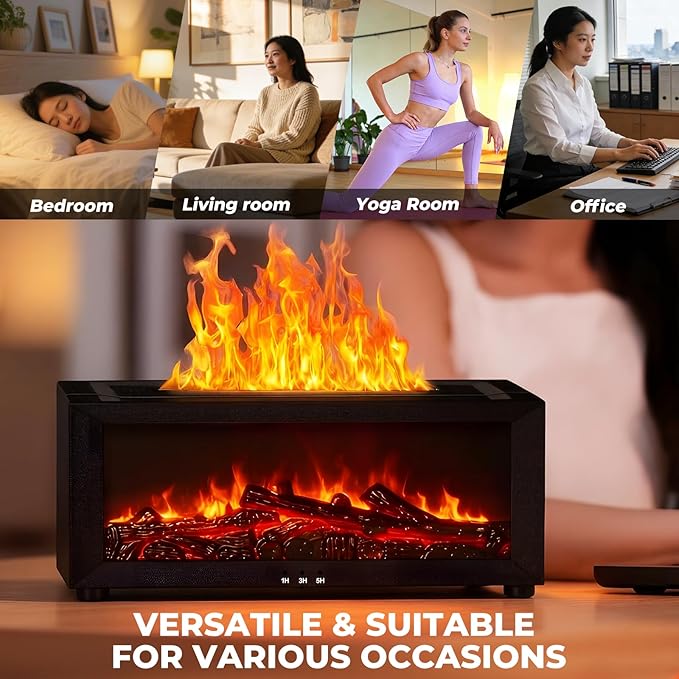 Fireplace Flame Essential Oil Diffuser, 7-Color LED Ultrasonic Aromatherapy Humidifier with Remote Control & Timer, 150ml Waterless Auto-Off Cool Mist Diffuser for Home Bedroom Office Yoga White